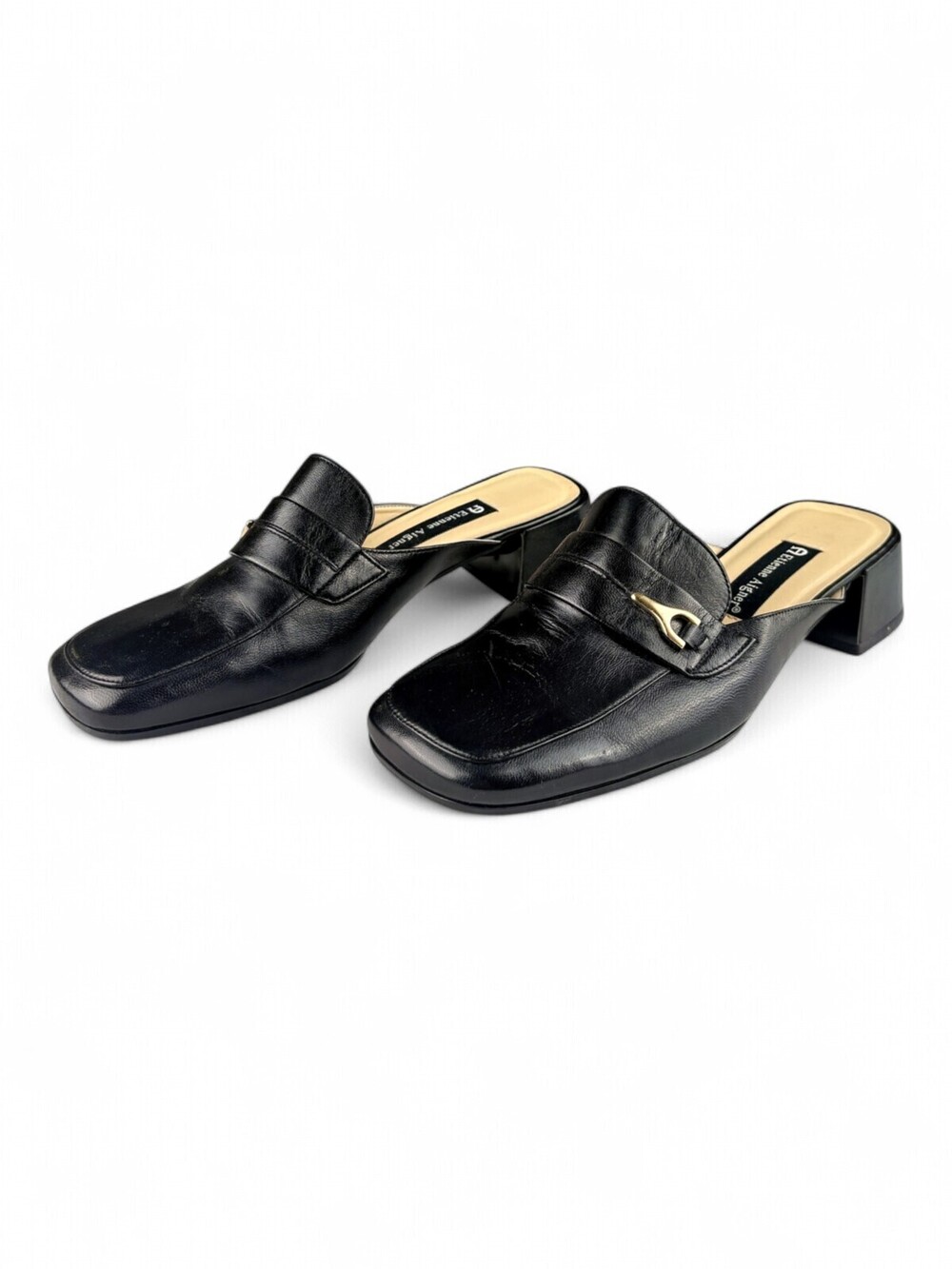 Etienne Aigner Black Leather Mule Loafers Heels Size 7.5